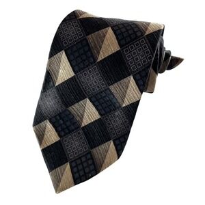 Murano Italia Mens Silk Geometric Pattern Tie Black Gold Formal Necktie